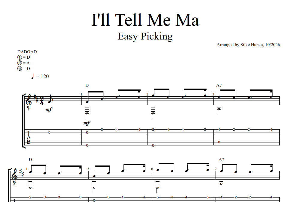 I’ll Tell Me Ma – Easy Picking for DADGAD Guitar (Free TAB)